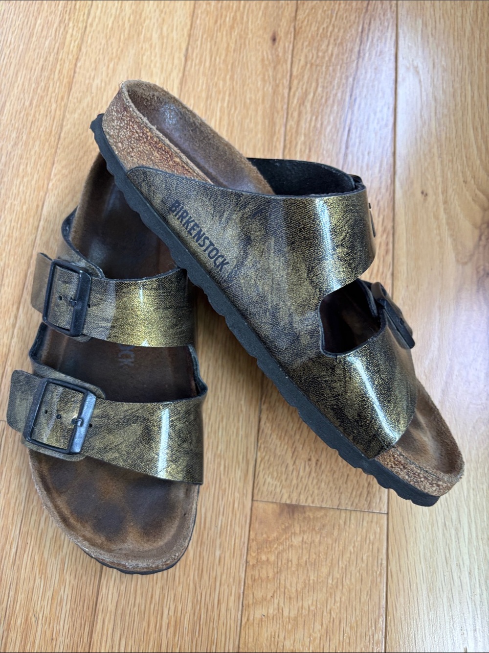 Birkenstock Gold Iride Arizona Sz 40 Leather Sandals Rare 8.5 9 9.5 Womens Shoes